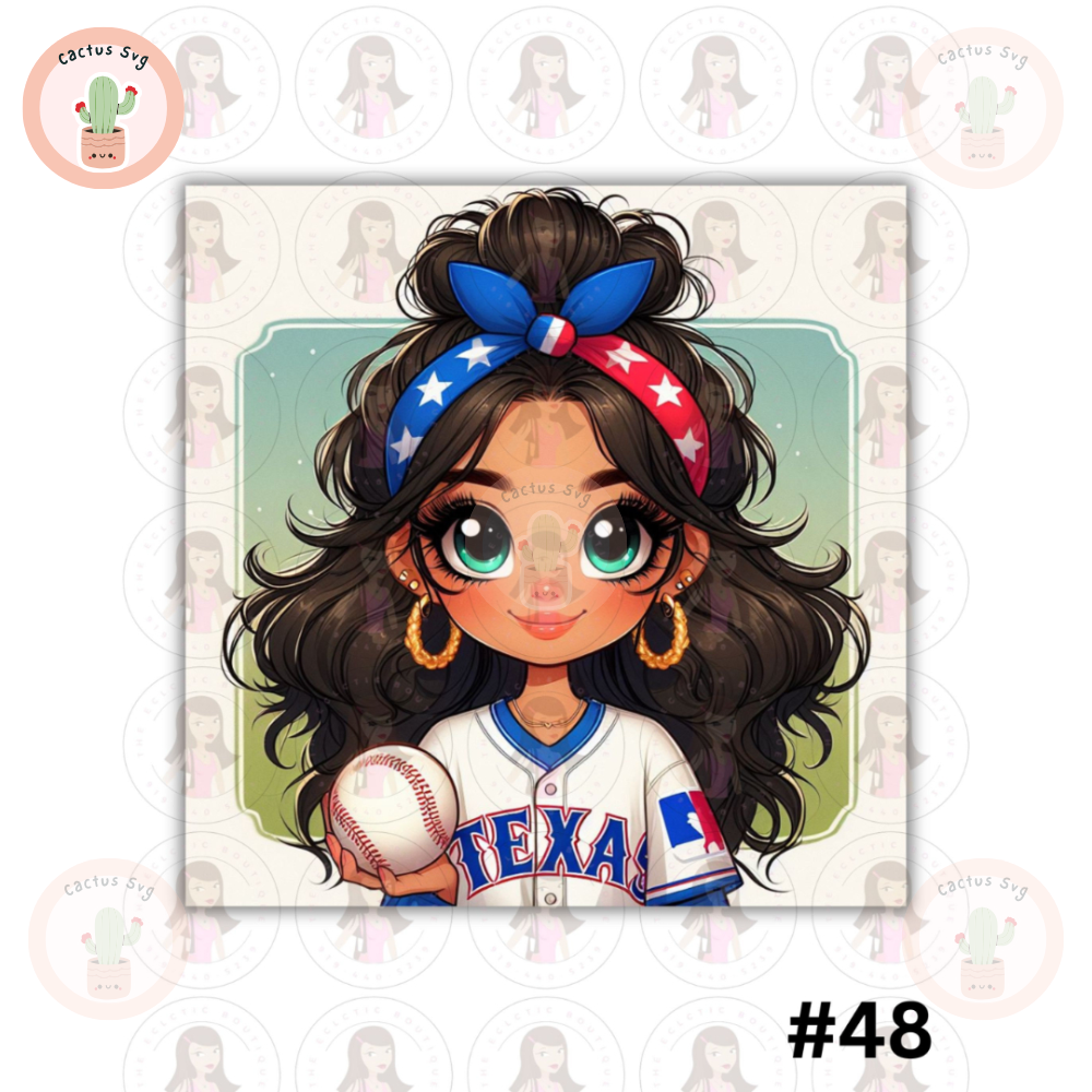 Cartoon Girl Baseball Fan Rangers Black Hair Green Eyes PNG Sublimation Digital Design Download DTF Print.jpg
