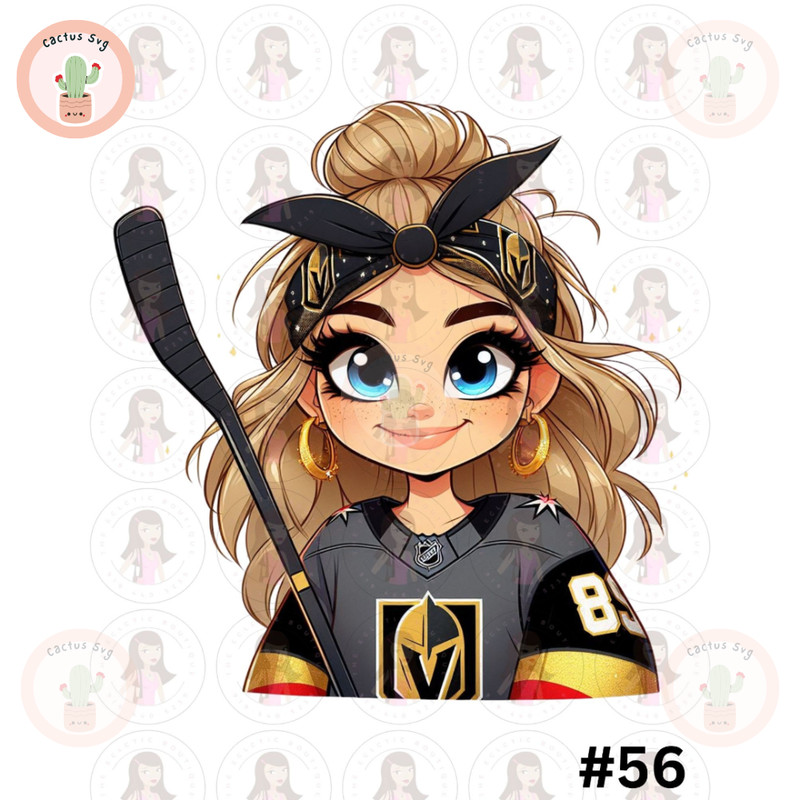 Cartoon Girl Hockey Fan Golden Knights Blonde Hair Blue Eyes PNG Sublimation Digital Design Download DTF Print.jpg