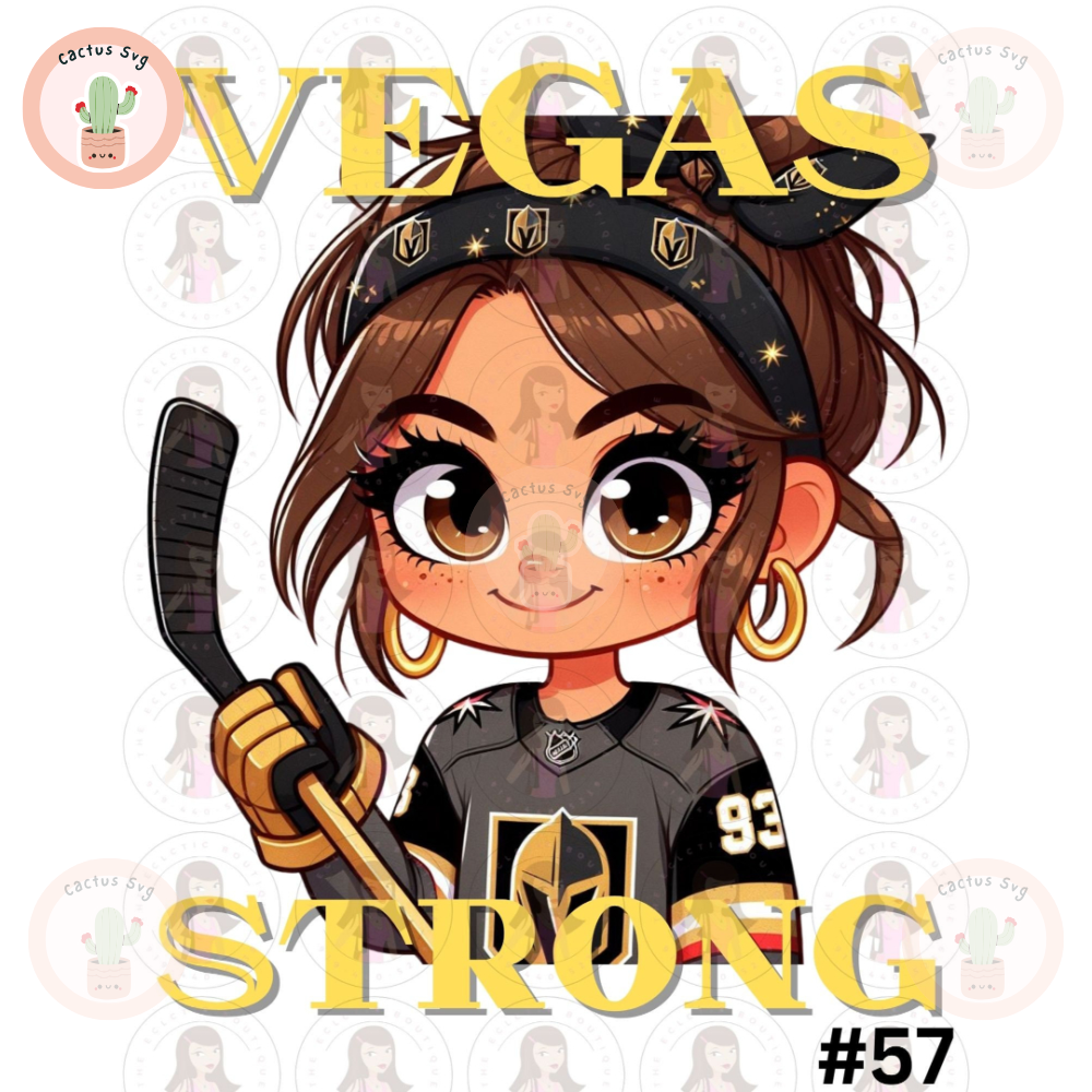 Cartoon Girl Hockey Fan Golden Knights Vegas Strong Brown Hair Brown Eyes PNG Sublimation Digital Design Download DTF Print.jpg