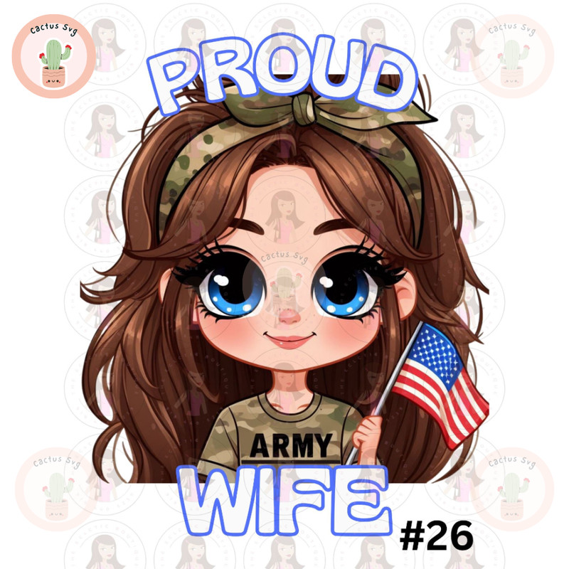 Cartoon Girl Proud Army Wide Brown Hair Blue Eyes PNG Sublimation Digital Design Download DTF Print.jpg