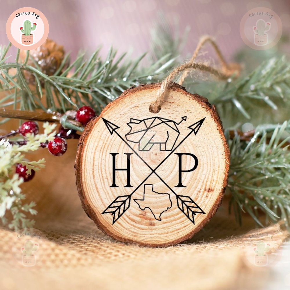 Scorched Wood Slice Hog Pen Ornament, Leakey, Texas, Cross Arrows.jpg