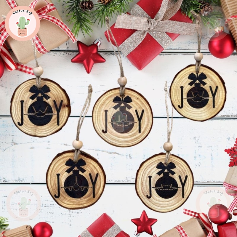 Scorched Wood Slice Jet Ornament with Beads Joy F-15, F-16, F-22, F-35, A-10 Air Force Military Christmas Ornament Jets.jpg