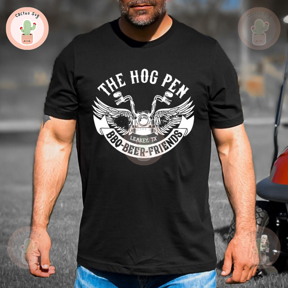 The Hog Pen Motorcycle Unisex Shirt. Beer, BBQ and Friends. Leakey, Texas.jpg