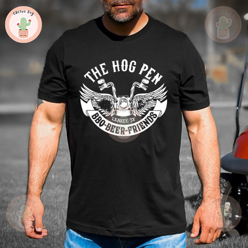 The Hog Pen Motorcycle Unisex Shirt. Beer, BBQ and Friends. Leakey, Texas.jpg