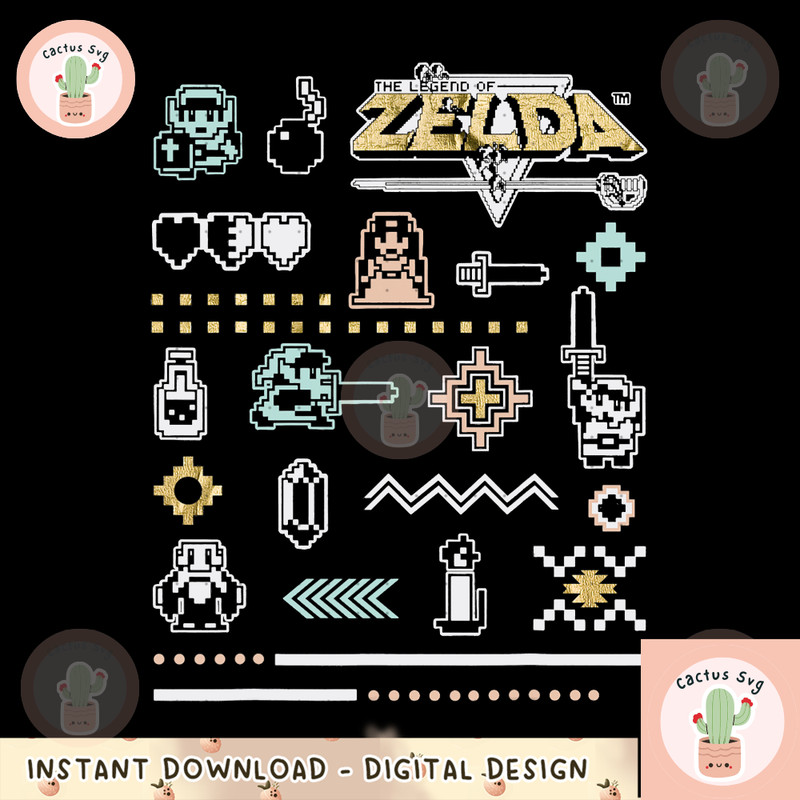 Nintendo Zelda 8-Bit Pixel Boho Gold Icons Graphic png, digital download, instant png, digital download, instant 1.png