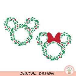 christmas holiday wreath mickey minnie mouse ears, 2 color, svg clipart images digital download sublimation cricut cut