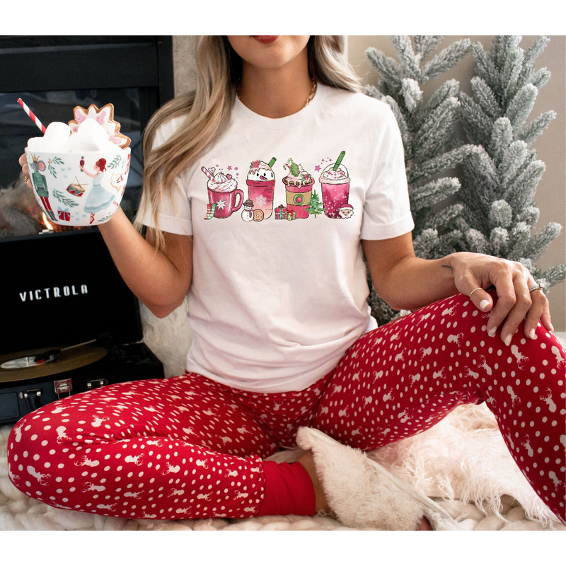 Christmas Coffee Shirt, Christmas Shirt, Pink Christmas Coffee T-Shirt, Snowman Christmas Tee, Holiday Gift for Coffee Lover,Holiday Apparel.jpg