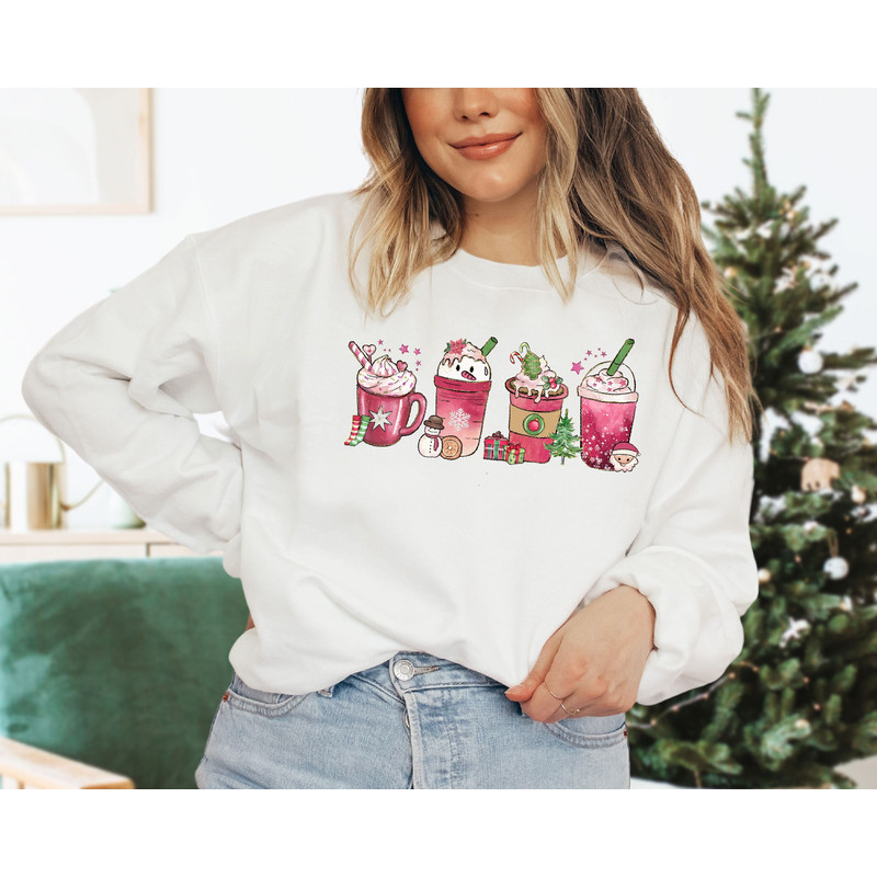 Christmas Coffee Sweatshirt, Christmas Pink Coffee Sweatshirt, Christmas Sweatshirt, Snowman Sweater, Coffee Lover Gift, Holiday Apparel.jpg