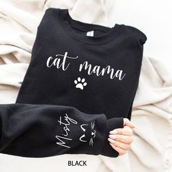 custom cat mama sweatshirt with pet name on sleeve, cat mom sweater, personalized cat paw, mothers day gift, gift for ca