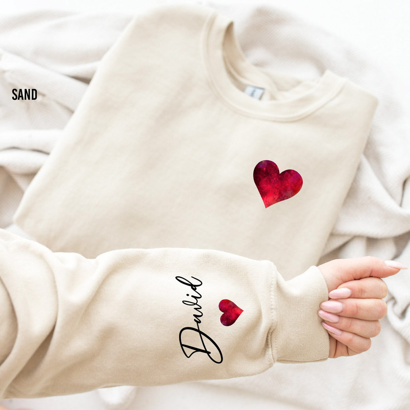 Custom Valentines Day Sweatshirt With Name on Sleeve, Valentine Heart Sweatshirt, Valentine's Day Couple Apparel, Cute Valentine's Day Gift.jpg