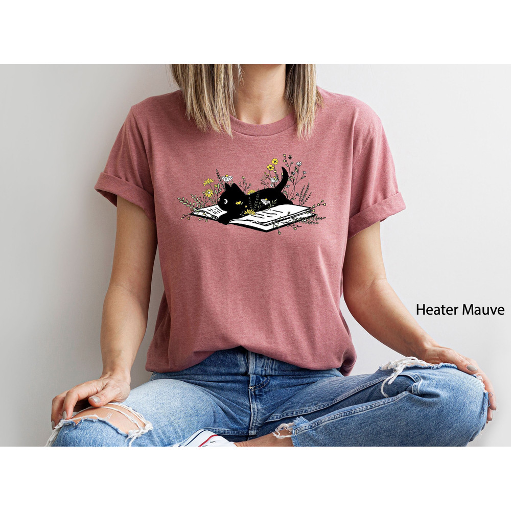 Floral Cat Shirt, Cat Book Shirt, Cat Lover Shirt, Cat Lover Gift, Cat Mom Shirt Gift, Cute Cat Shirts, Cute Book Cat Shirt,Animal Lover Tee.jpg