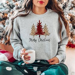 merry christmas sweatshirt, leopard print buffalo plaid sweatshirt, christmas tree sweater, christmas gift, ladies merry