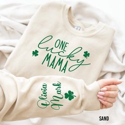 one lucky mama sweatshirt with children name on sleeve, custom st patricks day sweatshirt, st patricks shirt, shamrock i