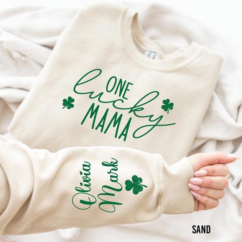 One Lucky Mama Sweatshirt with Children Name on Sleeve, Custom St Patrick's Day Sweatshirt, St Patrick's Shirt, Shamrock Irish Long Sleeve.jpg