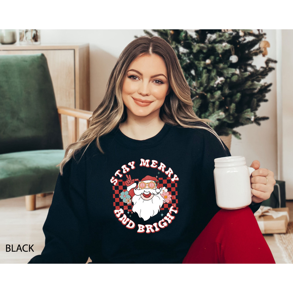 Stay Merry And Bright Santa Sweatshirt, Christmas Sweatshirt, Peace Santa Claus Face Sweat, Retro Christmas Clothing, Women Holiday Apparel.jpg
