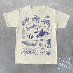 vintage 90s tattoo sea animal tshirt, retro ocean nature shirt, sealife, ocean, whale, orca, turtle, dolphin shirt, unis