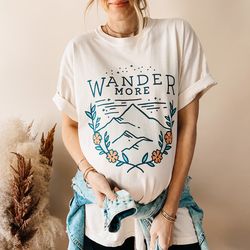 wander more floral t shirt for women, wanderlust adventurer mountains flower groovy travel explore graphic shirt, comfor