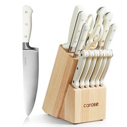 CAROTE 14 Pieces Knife Set with Wooden Block Stainless Steel Knives Dishwasher Safe with Sharp Blade Ergonomic Handle Fo