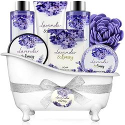 Bath and Body Gift Sets for Women 8 Pcs Lavender and Honey Spa Baskets, Beauty Holiday Birthday Mothers Day Gifts for Mo