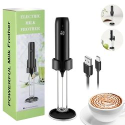 Rechargeable Handheld Milk Frother, Powerful Electric Drink Mixer with Stainless Steel Whisk/Coffee and Milk Frother Sta