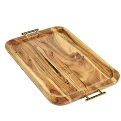 Better Homes & Gardens- Acacia Wood Rectangle Tray with Gold Color Handles, One Size