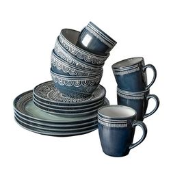 Over and Back 16 Piece Teal Stoneware Medalln Dinnerware Set