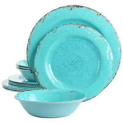 Laurie Gates Mauna 12 Piece Round Melamine Dinneware Set in Tiffany Blue