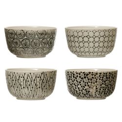 Creative Co-Op Hand-Stamped Stoneware Bowl with Embossed Pattern, Black and Cream Color, 4 Styles