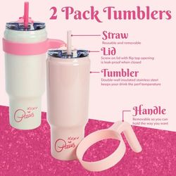 Paris Hilton 40oz Stainless Steel Tumbler Set, Double Wall Vacuum Insulated Cup with Removable Handle, Reusable Straw, L