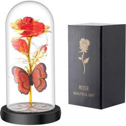 Qoosea Rose Flower Gifts for Women, Mothers Day Forever Rose with Butterfly in Plastic Dome Artificial Flower Unique Bir