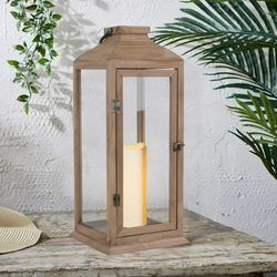 Better Homes & Gardens Decorative Natural Wood and Glass Battery Operated Outdoor Lantern with Removable LED Candle 18in