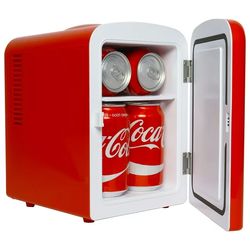 Coca-Cola Classic 4L Mini Fridge w/ 12V DC and 110V AC Cords, 6 Can Portable Cooler, Personal Travel Refrigerator for Sn