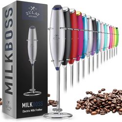 Zulay Kitchen Milk Frother with Stand Handheld Electric Whisk for Coffee Latte and Matcha Pop Silver/Dark Blue