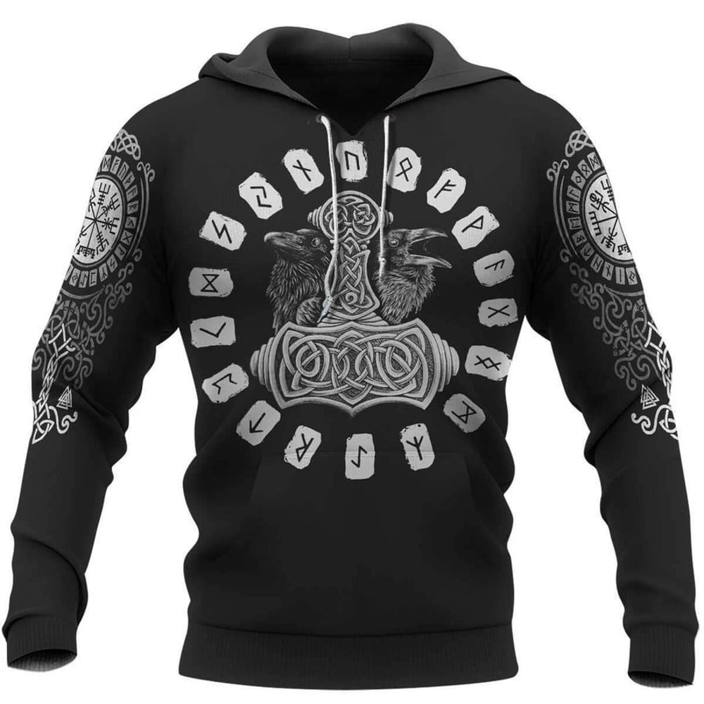 VIKING CLOTHING HAMMERAVEN VIKING, All Over Print Hoodie Zip Hoodie Fleece Hoodie 3D, Vikings Tattoo Hoodie 3D KA129
