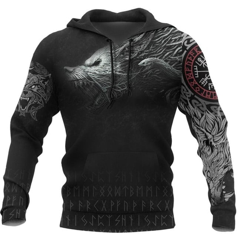 Viking Hoodie Fenrir, All Over Print Hoodie Zip Hoodie Fleece Hoodi 3D, Vikings Tattoo Hoodie 3D KA373