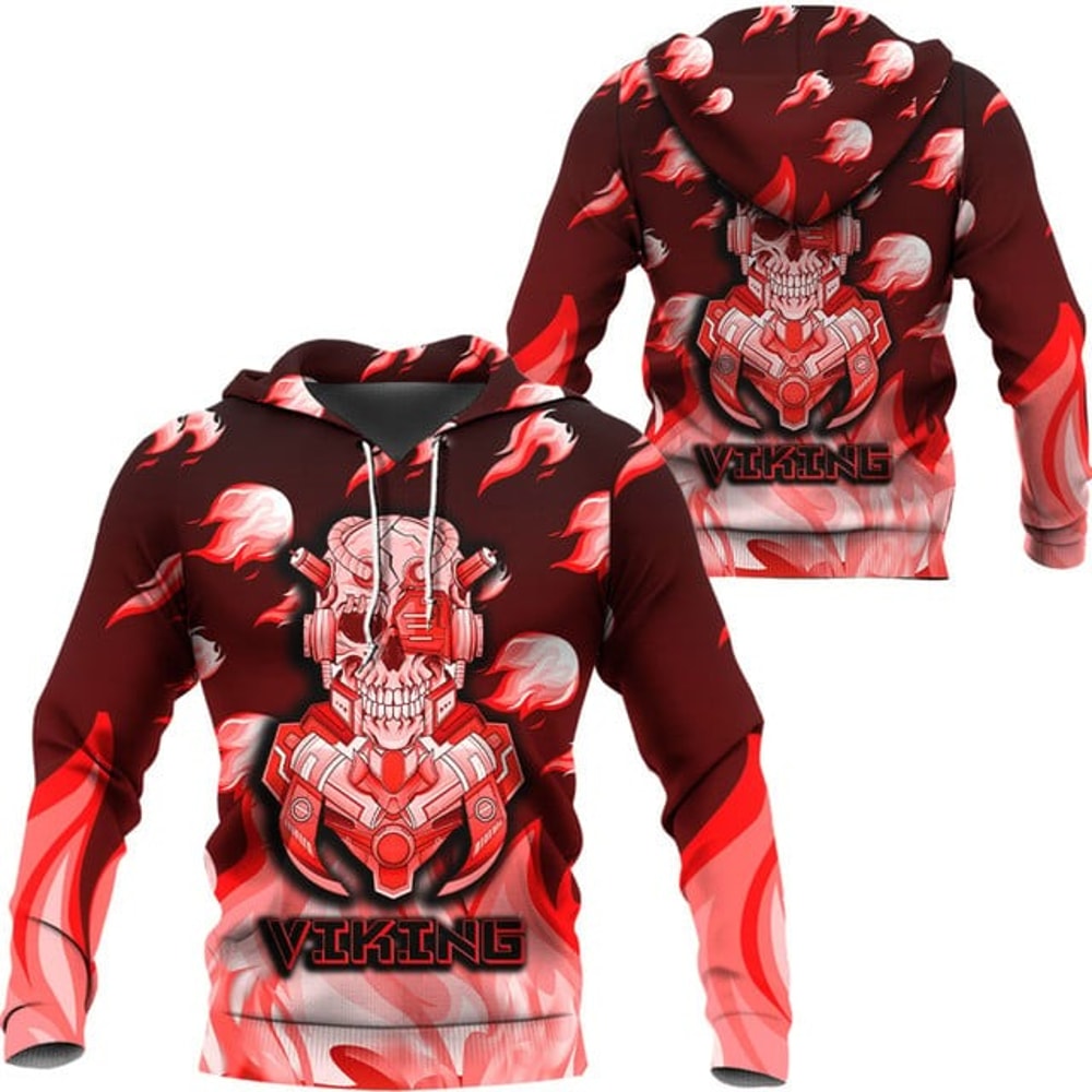 Viking 3D Robo Warrior Red Fire Patter, All Over Print Hoodie Zip Hoodie Fleece Hoodi 3D, Vikings Tattoo Hoodie 3D KA374