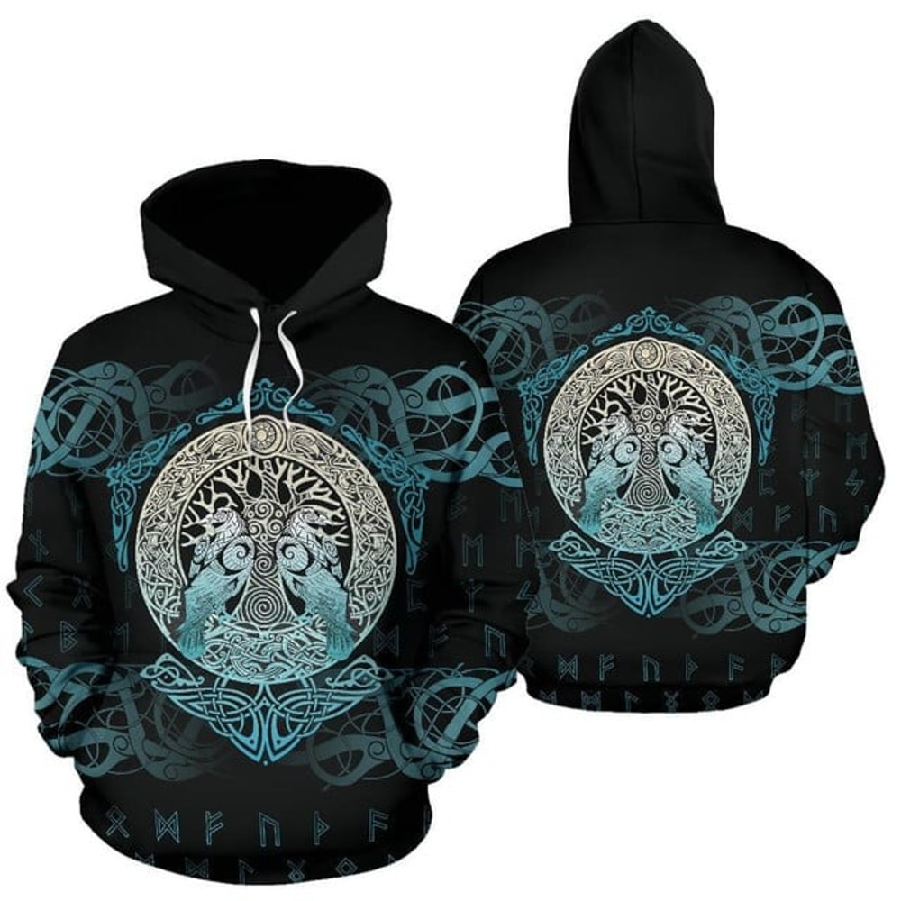 Viking Pullover Hoodie - Yggdrasil, All Over Print Hoodie Zip Hoodie Fleece Hoodi 3D, Vikings Tattoo Hoodie 3D KA392