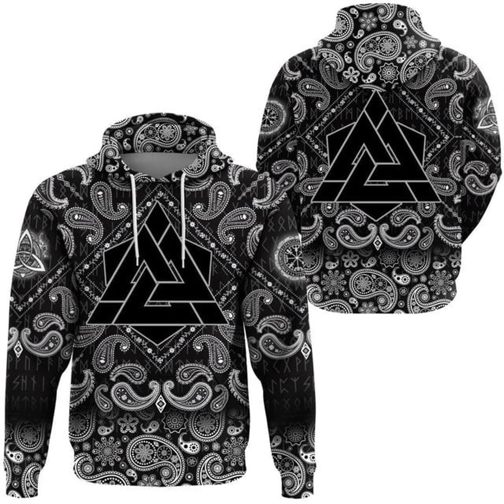 Viking Hoodie Valknut Black, All Over Print Hoodie Zip Hoodie Fleece Hoodi 3D, Vikings Tattoo Hoodie 3D KA444