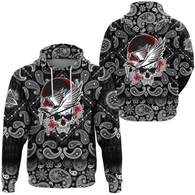 Viking Hoodie Dead Skull With Crow, All Over Print Hoodie Zip Hoodie Fleece Hoodi 3D, Vikings Tattoo Hoodie 3D KA480
