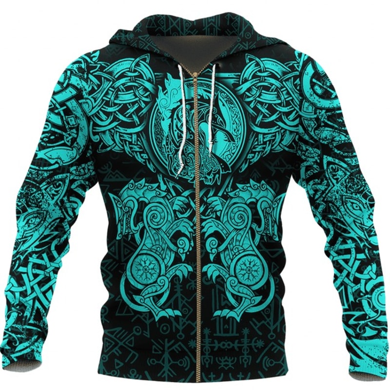 Viking Clothing Viking Dragon and Wolf, All Over Print Hoodie Zip Hoodie Fleece Hoodi 3D, Vikings Tattoo Hoodie 3D KA498