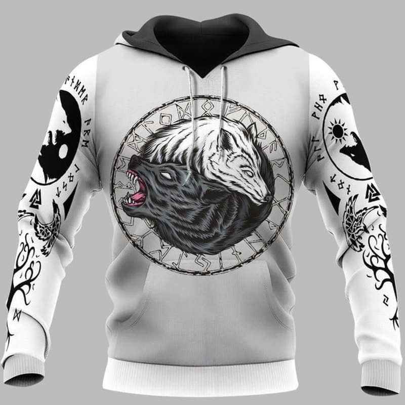 Viking Clothing Viking Fenrir Yin Yang, All Over Print Hoodie Zip Hoodie Fleece Hoodi 3D, Vikings Tattoo Hoodie 3D KA501