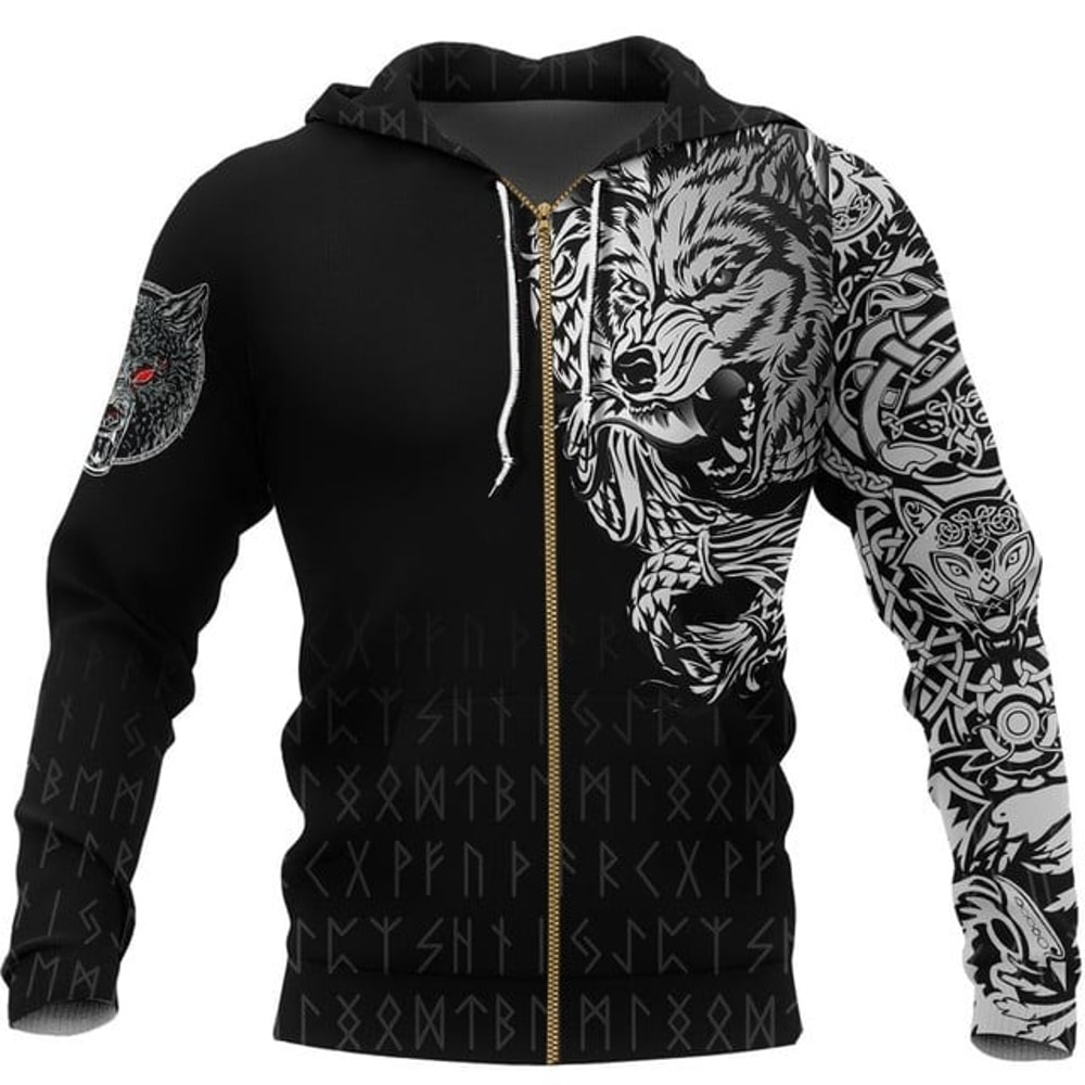 Viking Zip Hoodie - Dark Norse Wolf, All Over Print Hoodie Zip Hoodie Fleece Hoodi 3D, Vikings Tattoo Hoodie 3D KA518