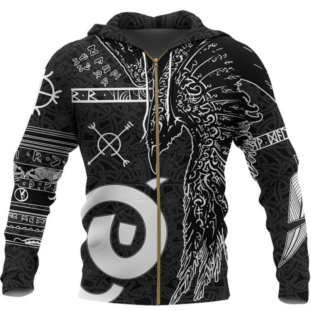 Viking Zip Hoodie -aven Norse Mytholog, All Over Print Hoodie Zip Hoodie Fleece Hoodi 3D, Vikings Tattoo Hoodie 3D KA519