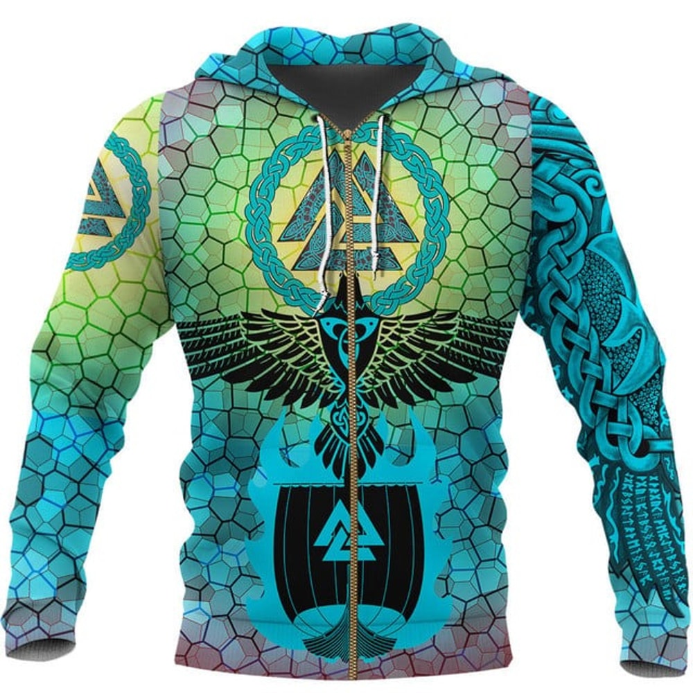 Viking Zip Hoodie -aven Of Odin and Dr, All Over Print Hoodie Zip Hoodie Fleece Hoodi 3D, Vikings Tattoo Hoodie 3D KA524