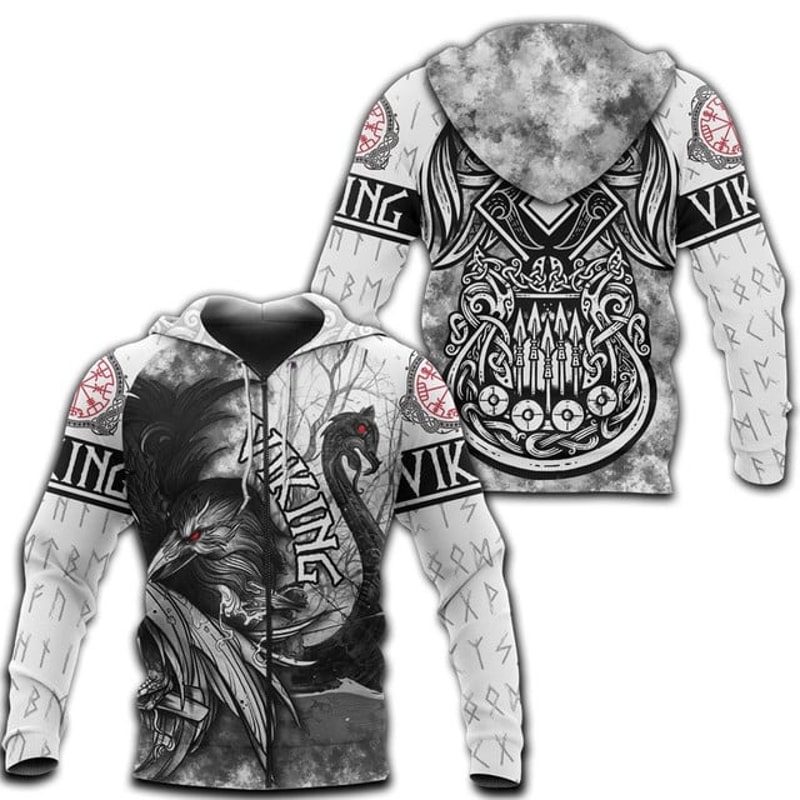 Viking Zip Hoodie -aven and Drakkar, All Over Print Hoodie Zip Hoodie Fleece Hoodi 3D, Vikings Tattoo Hoodie 3D KA526