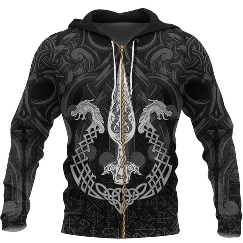 Viking Zip Hoodie - Gungnir Of Odin, All Over Print Hoodie Zip Hoodie Fleece Hoodi 3D, Vikings Tattoo Hoodie 3D KA528
