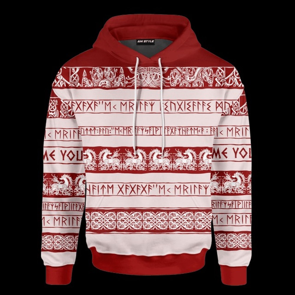 Viking Runes And Symbols Red Colour Vi, All Over Print Hoodie Zip Hoodie Fleece Hoodi 3D, Vikings Tattoo Hoodie 3D KA531