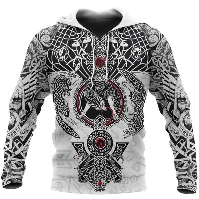 Viking Fenrir Skoll And Hati Valknut, All Over Print Hoodie Zip Hoodie Fleece Hoodi 3D, Vikings Tattoo Hoodie 3D KA550