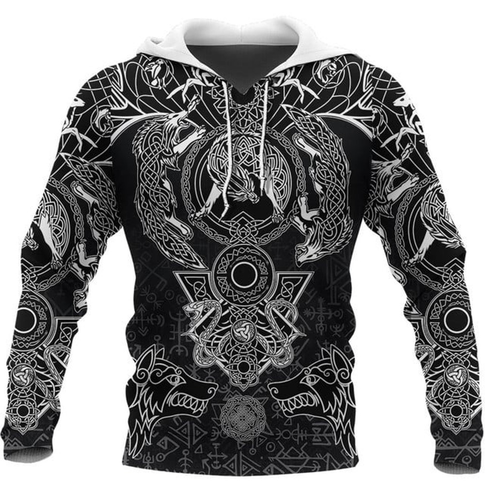 Viking Hoodie Fenrir and Skoll and Hat, All Over Print Hoodie Zip Hoodie Fleece Hoodi 3D, Vikings Tattoo Hoodie 3D KA551