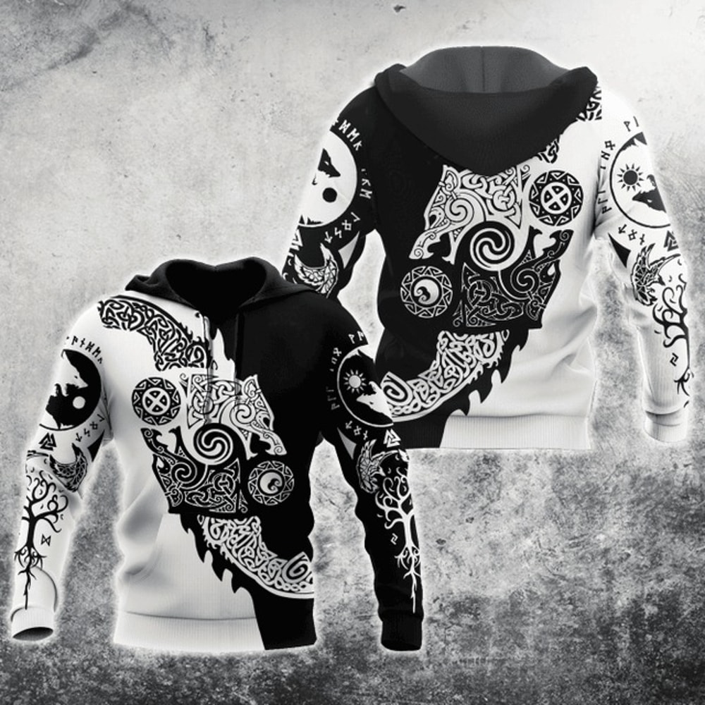 Viking Clothing Viking Hati and Skoll, All Over Print Hoodie Zip Hoodie Fleece Hoodi 3D, Vikings Tattoo Hoodie 3D KA553
